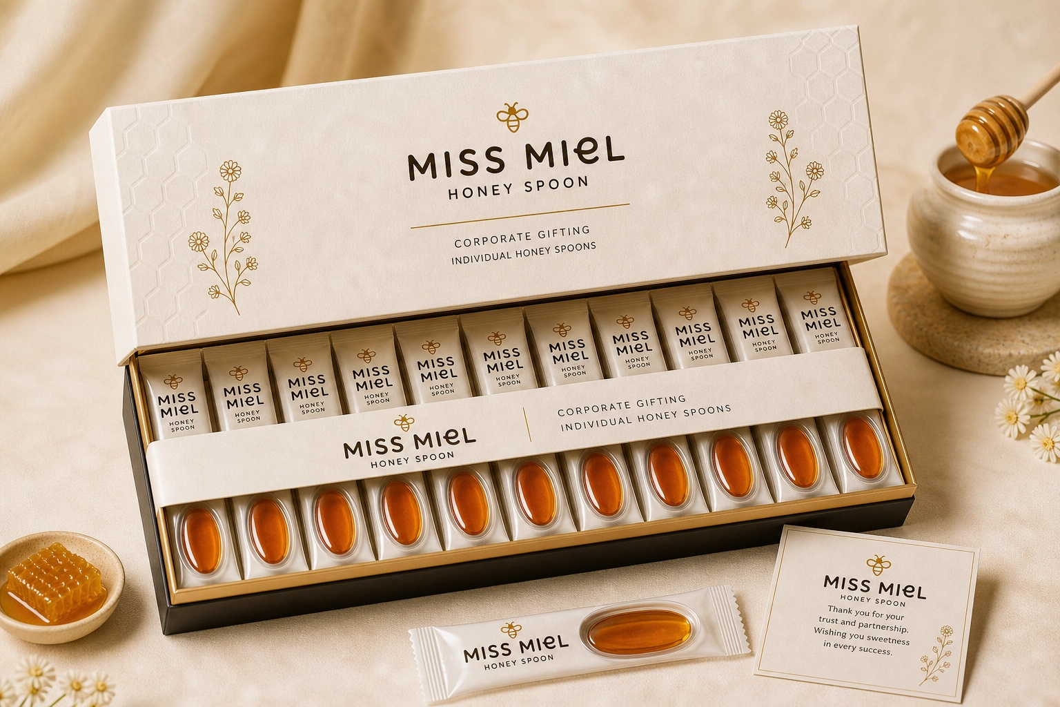 Corporate honey gifting packaging with single-serve honey spoons and pods, India